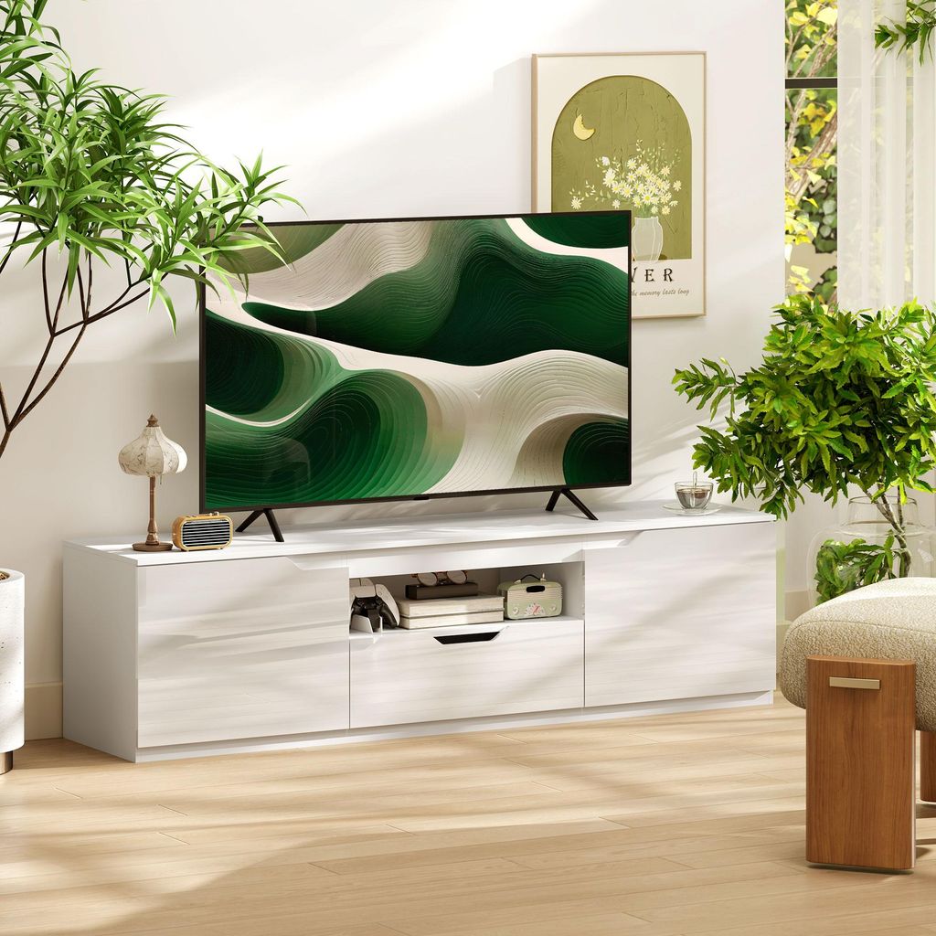 TV-Lowboard Hochglanz Weiß, Fernsehschrank, MDF Spanplatte, Produktbild 