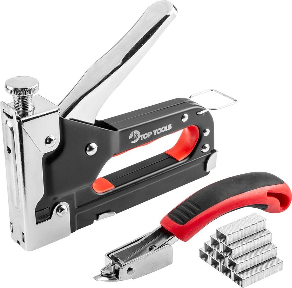 A set of staplers and staples on a white background.