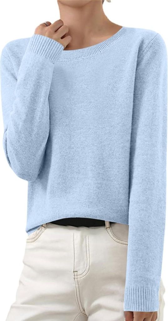 ASKSA Damen Strickpullover Elegant Einfarbig Strickpulli Duenne Feinstrick Winterpullover Stretch Warm Wollpullover Basic Rundhals Pulli,Himmelblau...