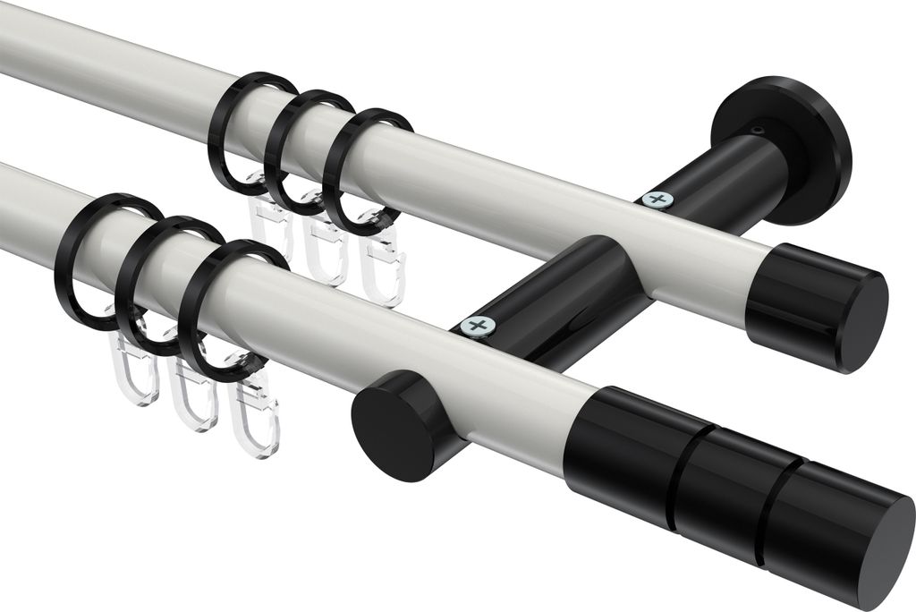 Interdeco Gardinenstange / Vorhangstange Weiß / Schwarz, Typ Platon Elanto (Rillenzylinder), 20 mm Ø 2-läufig, 360 cm