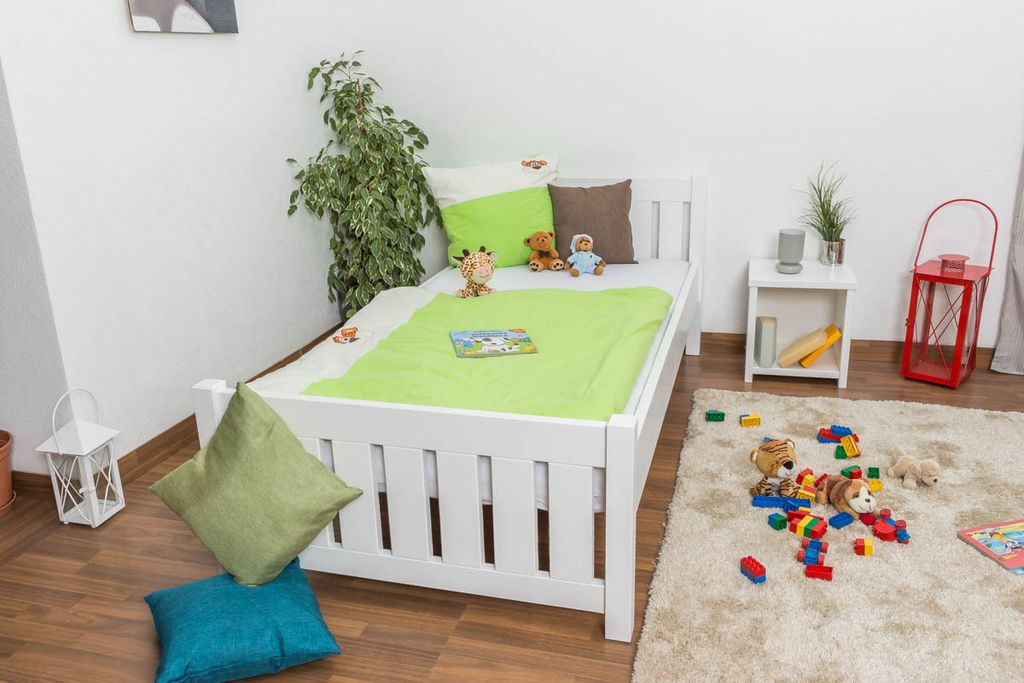 Bettrahmen für Kinder / Kinderbett 100 x 200 cm | Massivholz: Kiefer | Weiß Lackiert