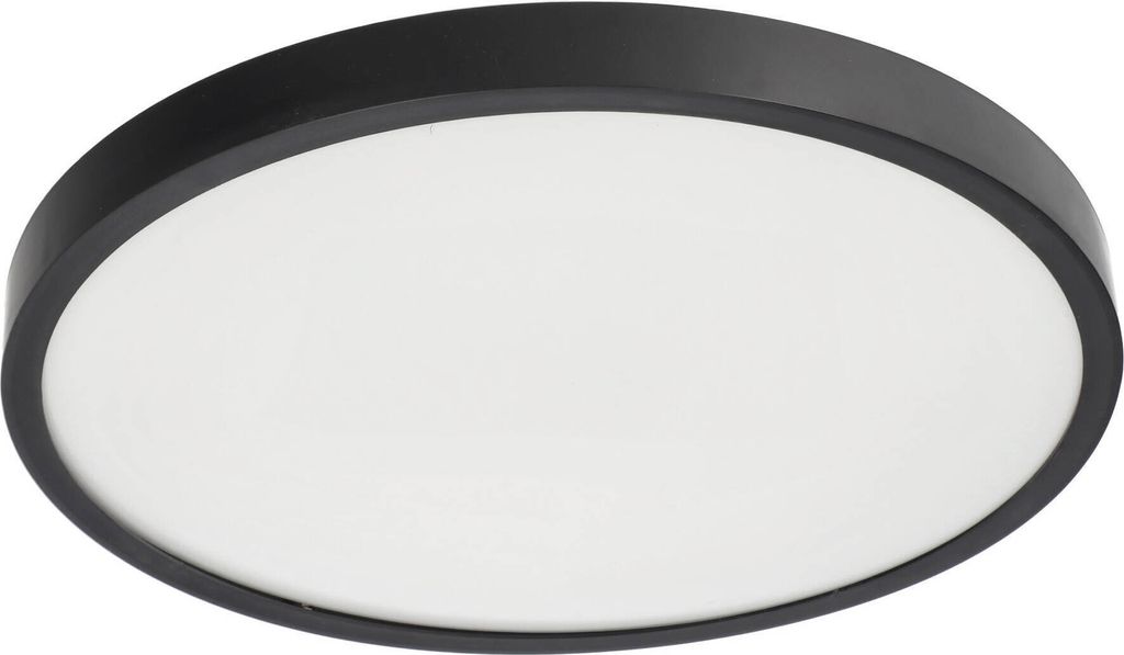 A close-up, studio shot of a round, black-rimmed LED ceiling light against a white background.