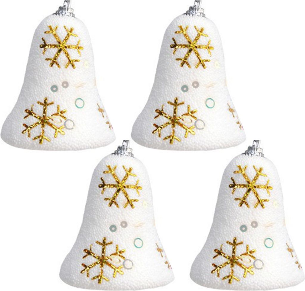 4 Stück Weihnachts-Schneeflocken-Glockenanhänger, Pailletten-Dekor, weißer Schaumstoff, Weihnachtsdekoration, hängendes Ornament, festliche Dek...