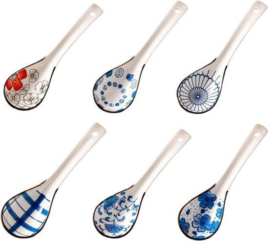 Japanische Löffel - 6 Stücke - Suppenlöffel - Japanischer Suppenlöffel Set - Langer Griff - Keramische Suppenlöffel Geeignet für Suppe - Maul...