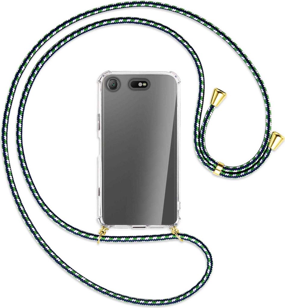 Handykette Backcover-Schutzhülle mit Band (Metall goldfarben) für Sony Xperia XZ1 Compact - grün/blau/weiß