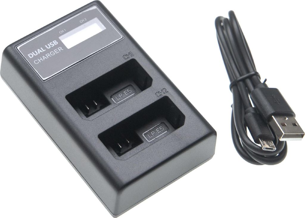 vhbw Dual Micro-USB + USB-C Ladegerät kompatibel mit Canon EOS Rebel T1i, Kiss X2, Kiss X3 Kamera - Ladeschale + Micro-USB Kabel Ladeanzeige + Dis...