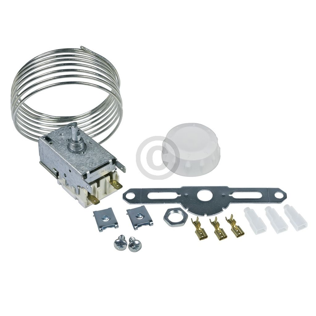 A product shot of refrigerator thermostat components against a white background.