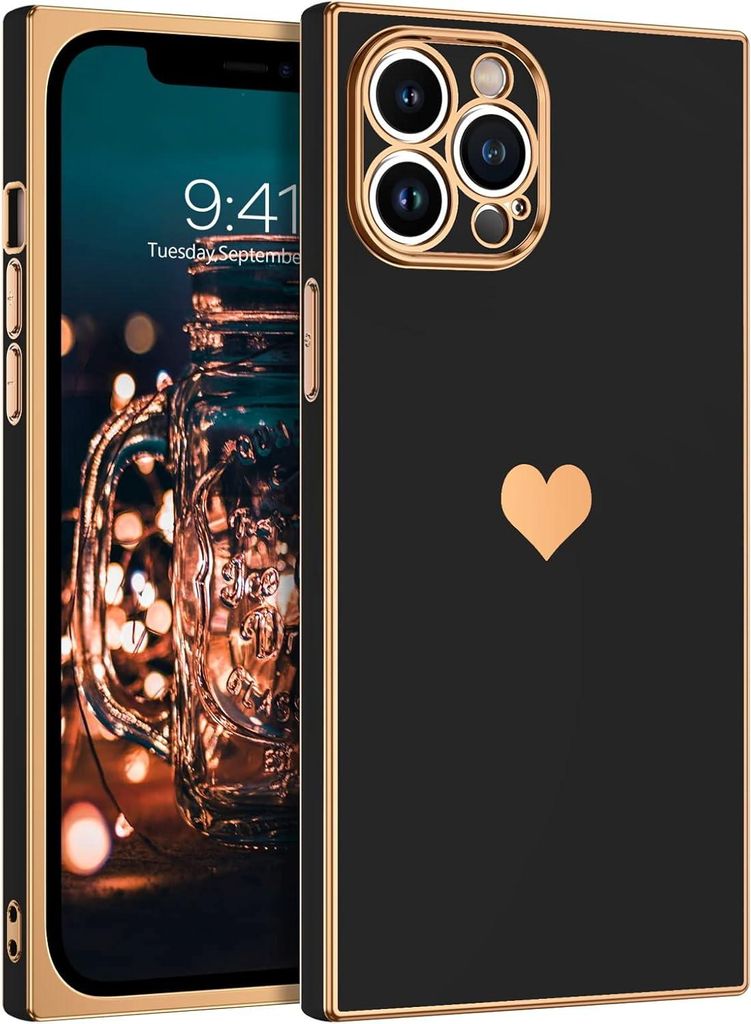 Hülle für Apple iPhone 12 Pro Silikon Schwarz Gold mit Herz A2341 A2406