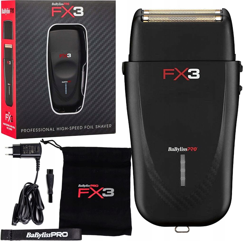 A black BaBylissPRO FX3 double foil shaver is displayed with its packaging and accessories.