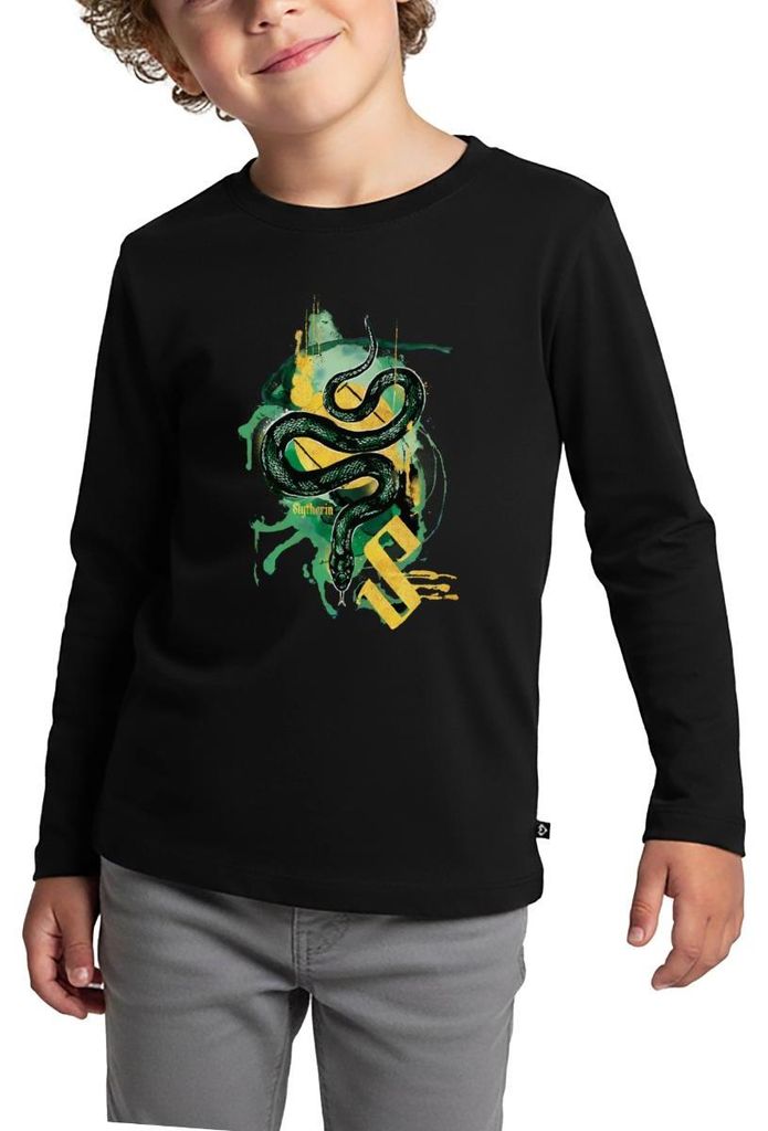Spreadshirt Harry Potter Haus Slytherin Schlange Kinder Premium Langarmshirt, 110/116 (4 Jahre), Schwarz