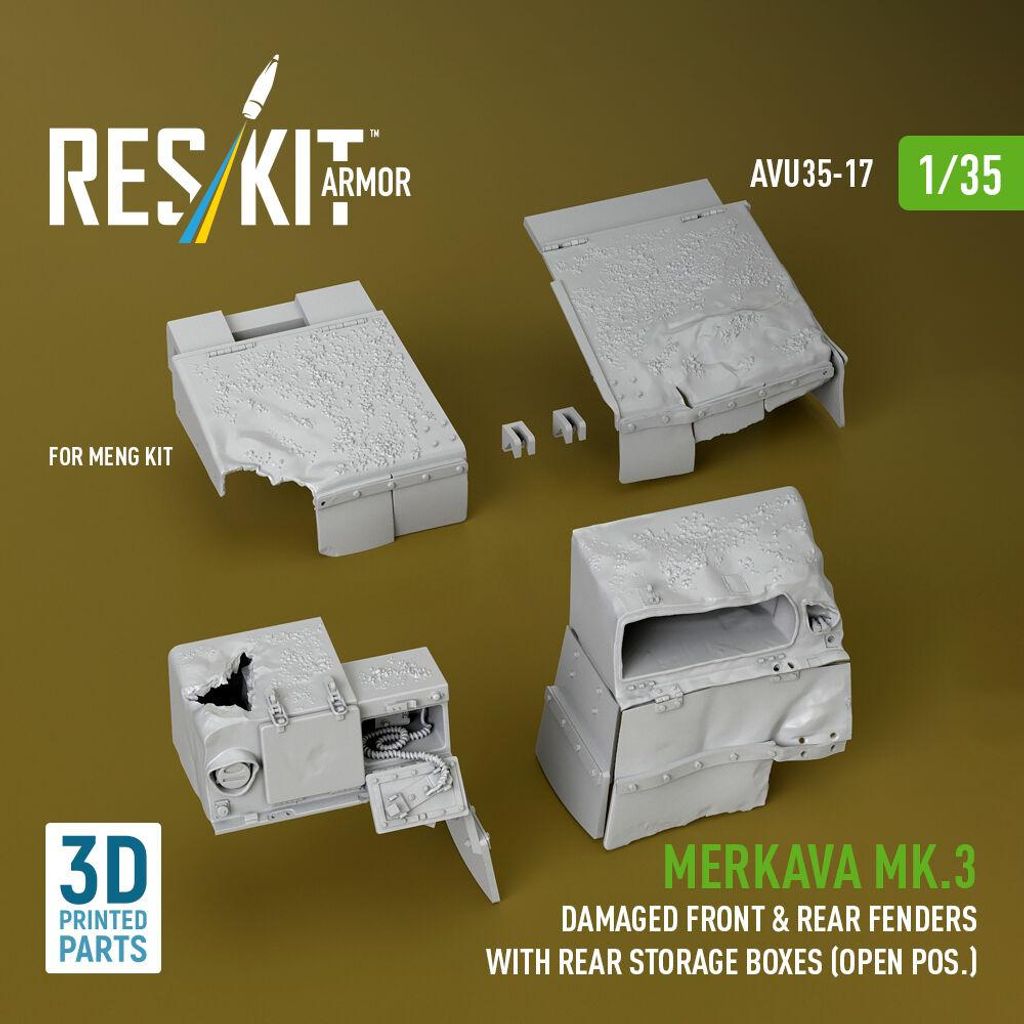 ResKit AVU35-0017 - 1:35 Merkava Mk.3 damaged front & rear fenders with rear storage boxes (open pos.) for Meng kit (3D Printed)