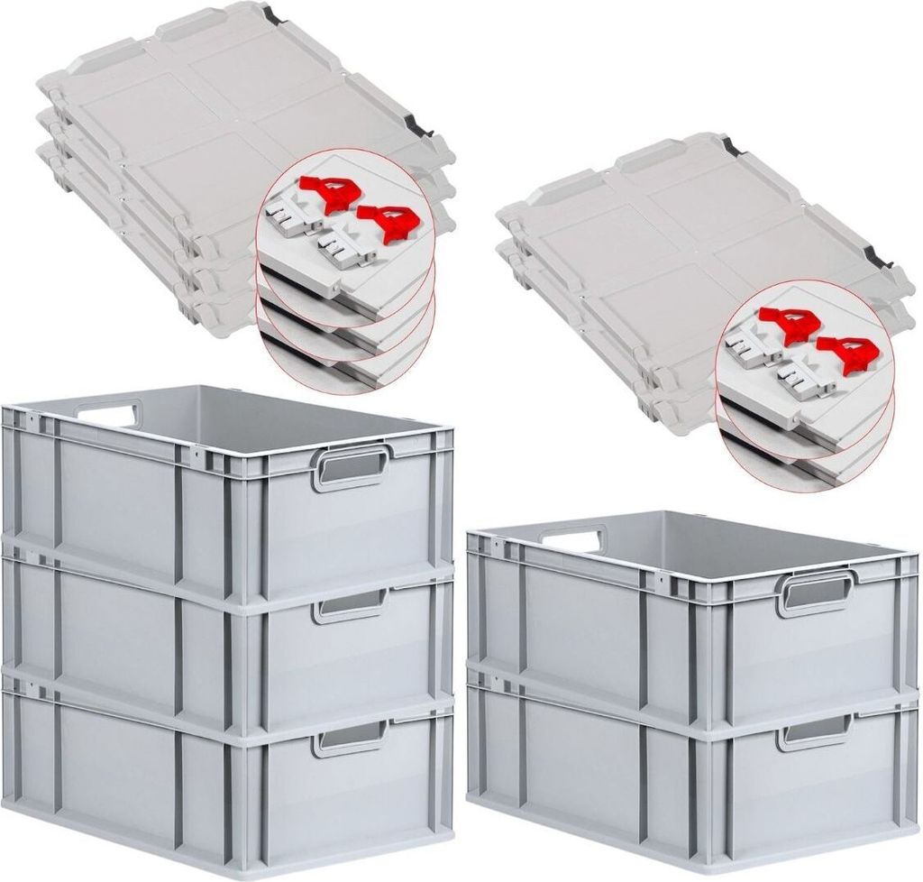 SuperSparSet 5x Eurobox NextGen Economy mit Scharnierdeckel und roten Schiebeschnappverschlüssen | Griffe offen | HxBxT 22x40x60cm | 44 Liter | Eu...