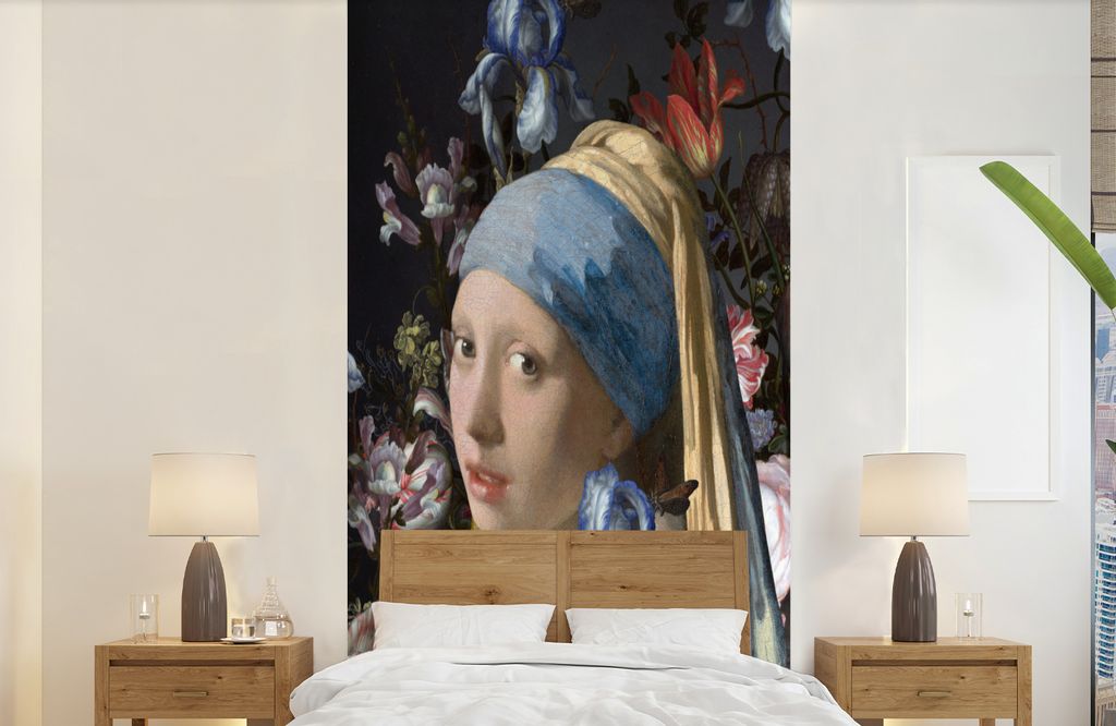MuchoWow Fototapete für Wohnzimmer oder Schlafzimmer Wandtapete Vinyl Motivtapete Das Mädchen mit dem Perlenohrring - Johannes Vermeer - Blumen...