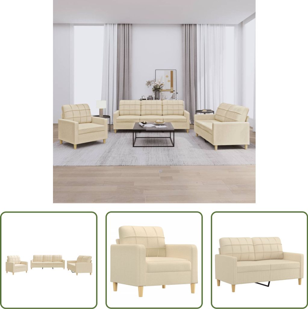 The Living Store 3-tlg. Sofagarnitur mit Kissen Creme Stoff