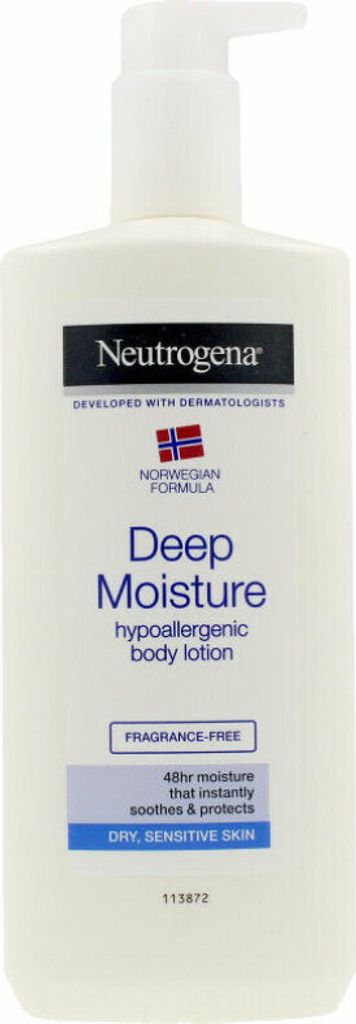 A white pump bottle of Neutrogena Deep Moisture Hypoallergenic Body Lotion.