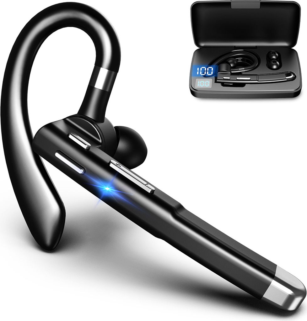 A black Bluetooth headset with a charging case is displayed against a white background.