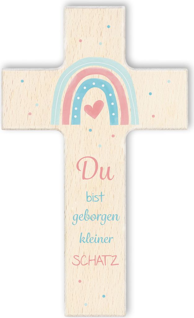 FRITZ COX Holzkreuz "Du bist geborgen kleiner Schatz" | Herz unterm Regenbogen | christliches Geschenk für Kinder natur,20cm