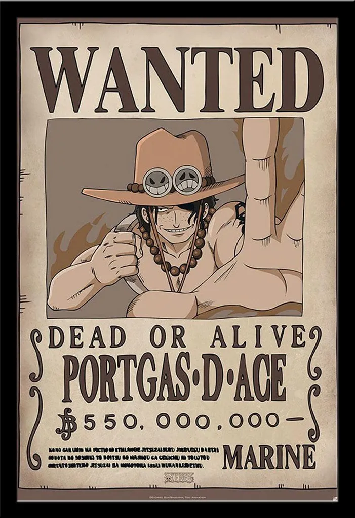 One Piece - Poster - Wanted Ace + cornice rimovibile, Shinsuke® Maxi MDF nero, vetro acrilico