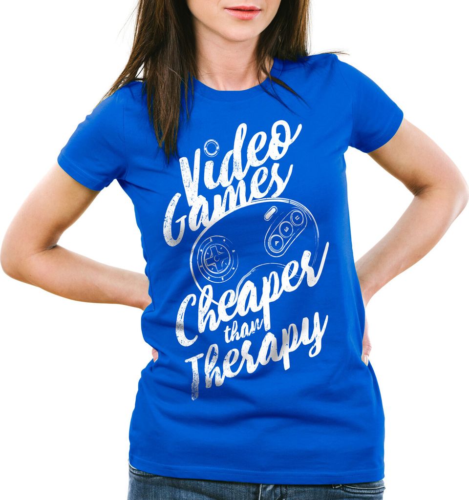 style3 Video Game Therapy Damen T-Shirt gamer classic retro konsole sonic drive, Farbe:Blau, Größe:M