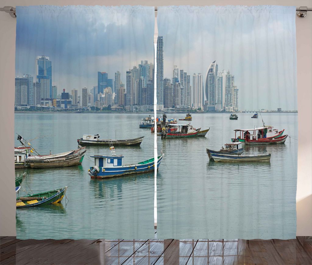 ABAKUHAUS Landschaft Rustikaler Vorhang, Fischerboote Panama, Wohnzimmer Universalband Gardinen mit Schlaufen und Haken, 280 x 175 cm, Mehrfarbig