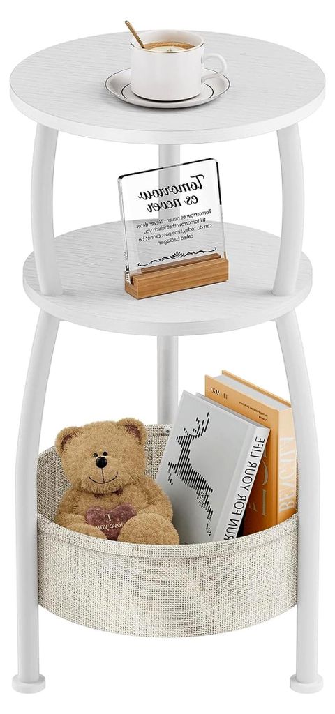 Runder Beistelltisch, 3-stufiger kleiner Tisch, Couchtisch, Nachttisch mit Stofftasche, Wohnzimmertisch, Stoffkorb, Sofatisch für Raumdekoration, ...