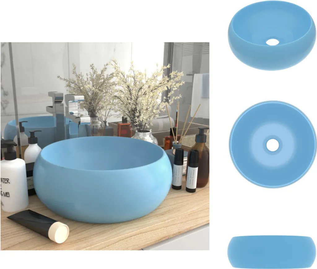 vidaXL Lavabo Ceramica Azzurro Matt 40cm - Lavandino Bagno Rotondo