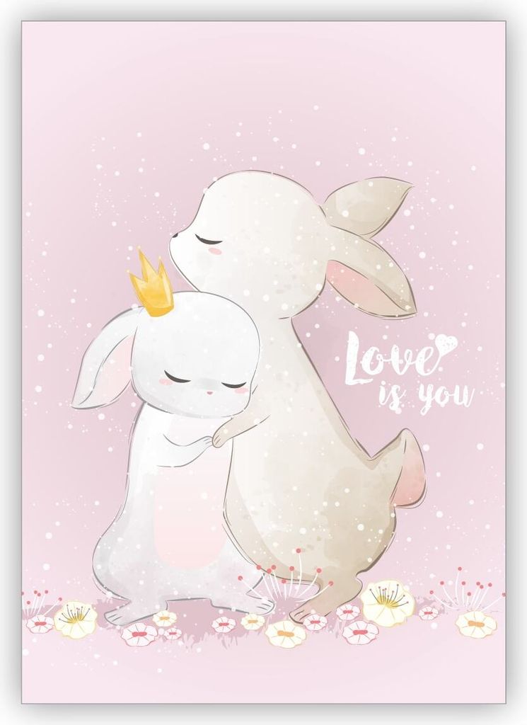 4x Niedliche Liebeskarte mit Häschen Umarmung, rosa nicht nur als Osterkarte für Familie & Freunde: Love is you