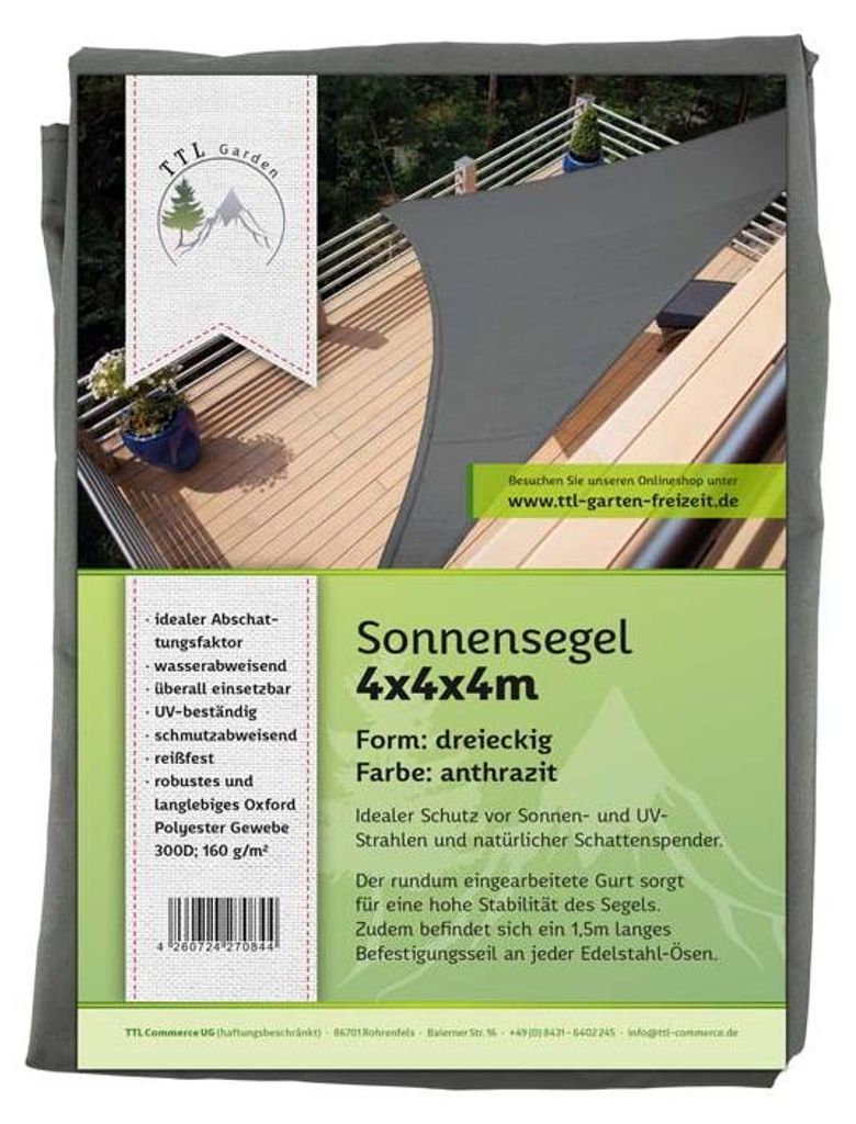TTL GARDEN Sonnensegel Dreieck 4x4x4m anthrazit Premium Produktbild 