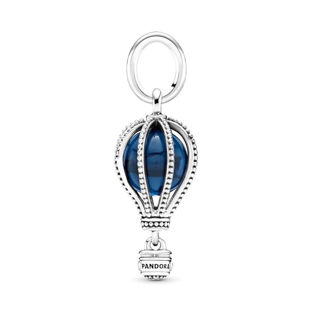 A single Pandora charm shaped like a hot air balloon with a blue glass sphere inside, suspended from a silver bail.