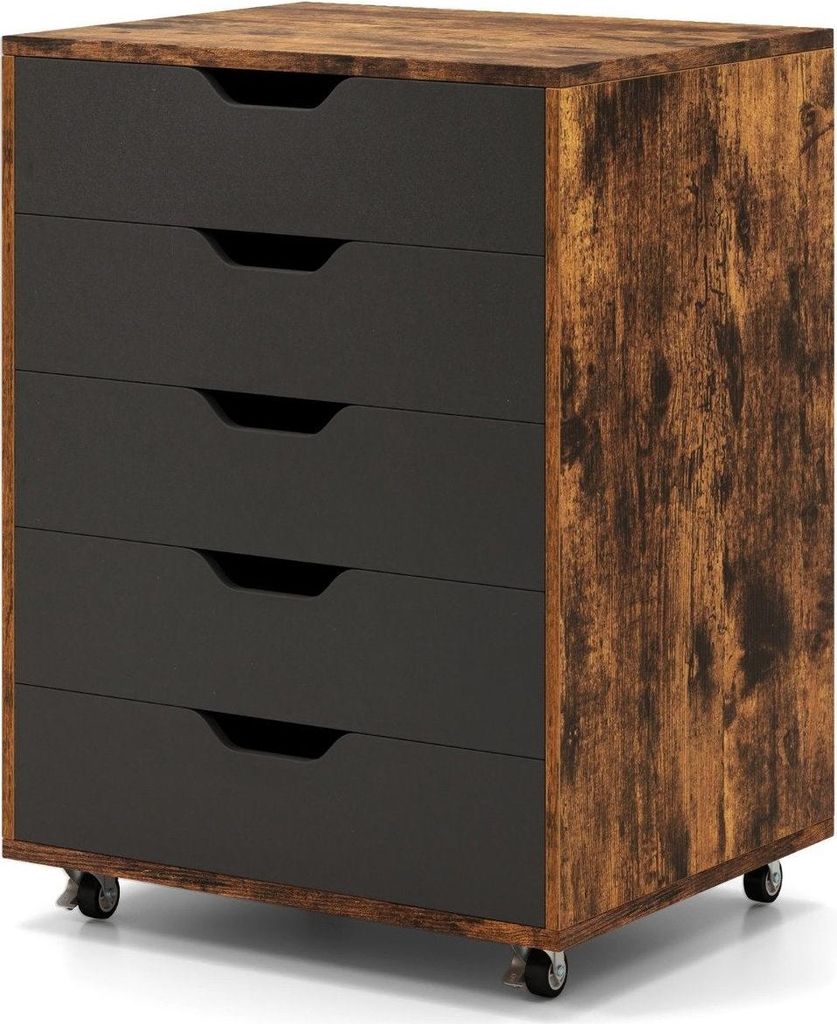 Mobiler Aktenschrank mit 5 Schubladen, braunes Holz, rollbar