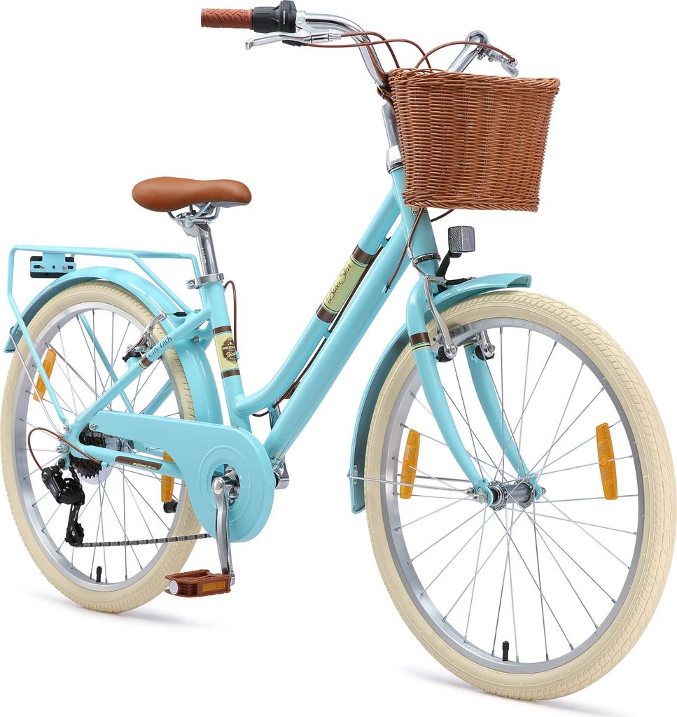 BIKESTAR Alu Kinderfahrrad ab 9-10 Jahre | 24 Zoll City Retro Bike, 7 Gänge, Korb, V-Bremse, Hollandrad | Blau
