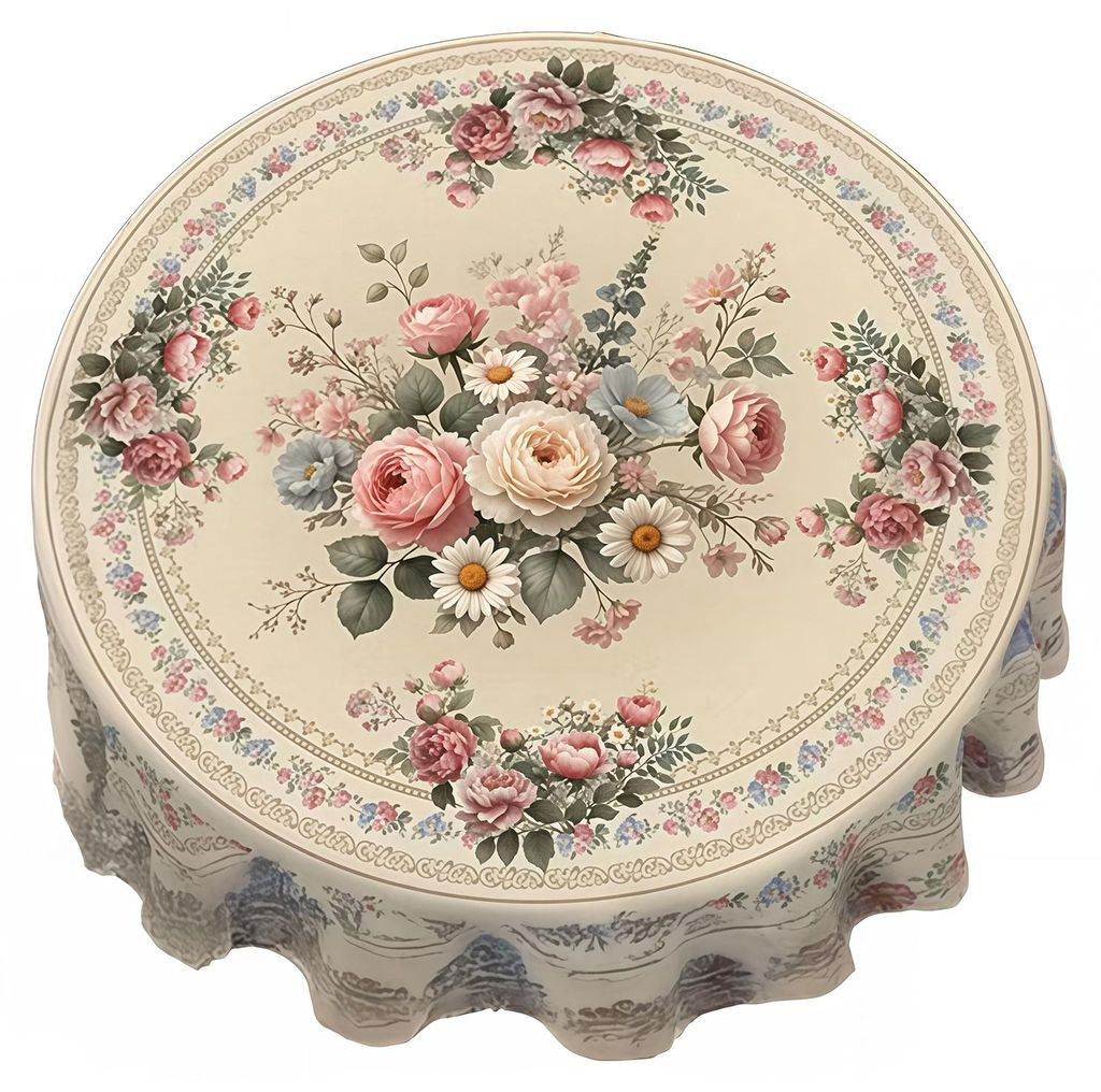 Runde Tischdecke im mexikanischen Blumenmuster mit gewelltem Rand, farbenfrohes Blumenmuster im Volkskunststil für Esstische im Landhausstil.