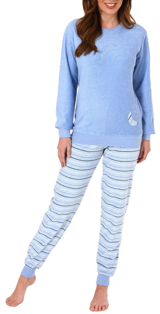 Damen Frottee Pyjama mit Bündchen - Hose gestreift, Top mit Mond und Stern Applikation ; hellblau , 40