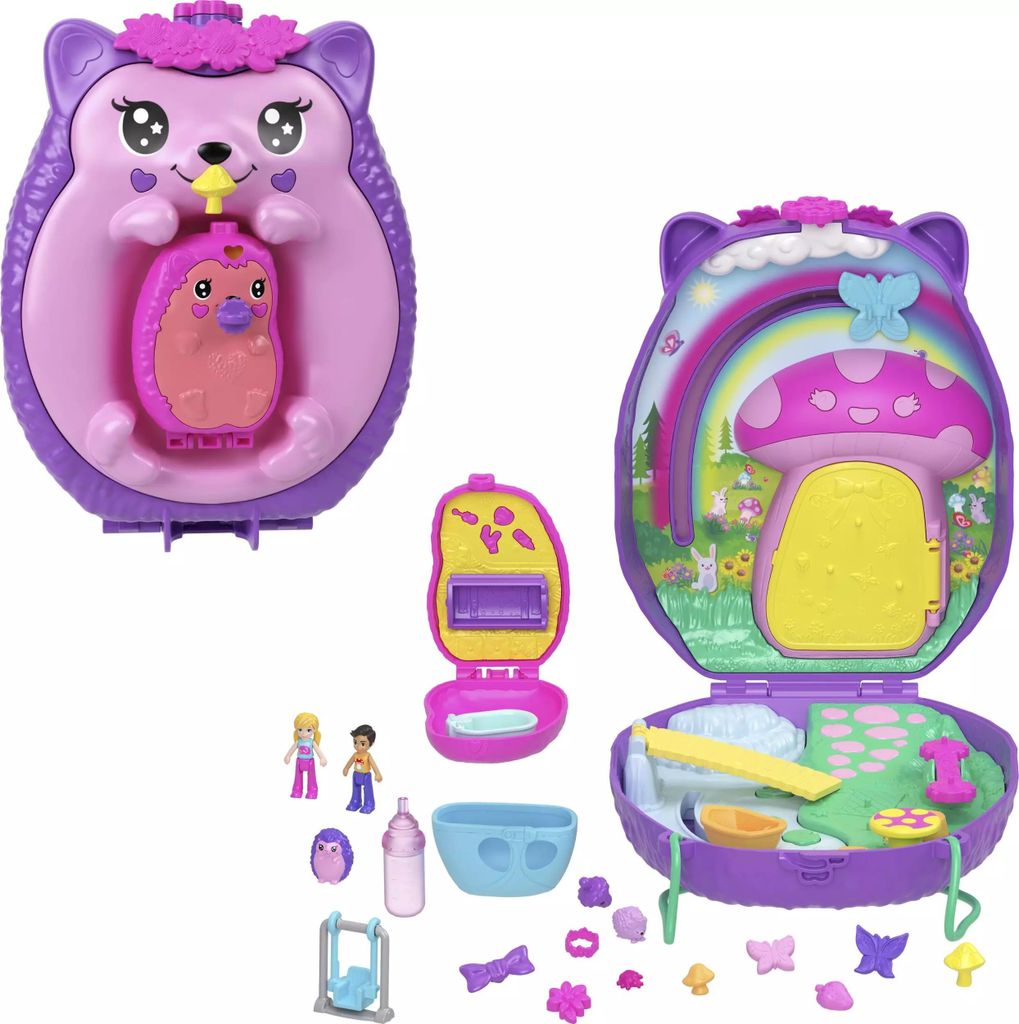 Mattel Polly Pocket Mama & Baby Igel Handtaschen-Spielset mit 2 Puppen & 16 Accessoires inklusive Haustieren