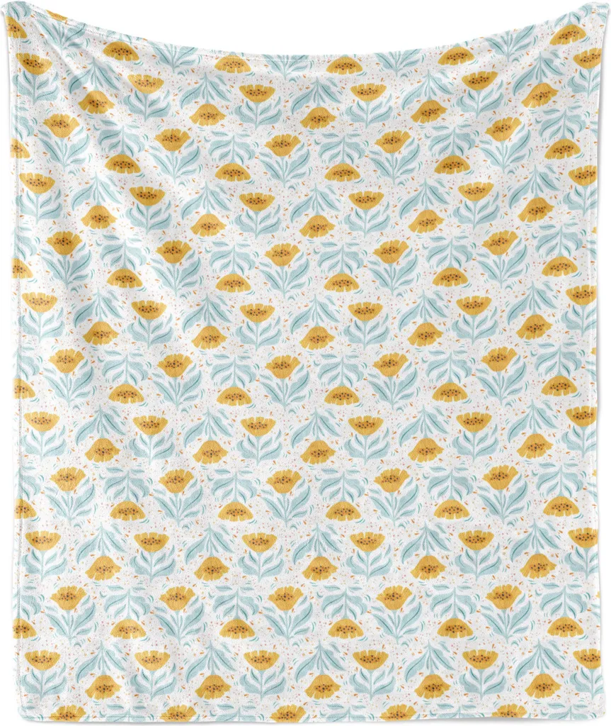 ABAKUHAUS Coperta in morbido pile di flanella con motivi floreali, foglie vintage e pois in colori pastello su sfondo tinta unita, 175 x 230 cm, azzurro e giallo scuro