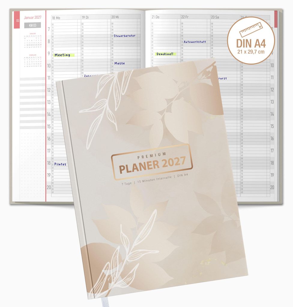 Praxisplaner 2027 A4 Bloom Premium Hardcover Kosmetik Beauty Salon 15 Min TaktMitarbeiterplan