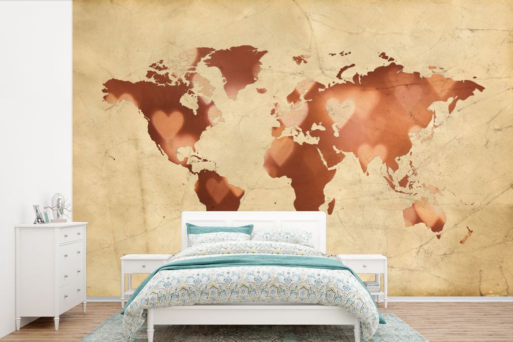 MuchoWow Fototapete für Wohnzimmer oder Schlafzimmer Wandtapete Vinyl Motivtapete Weltkarte - Marmor - Herz - 600x400 cm - Vinyltapeten