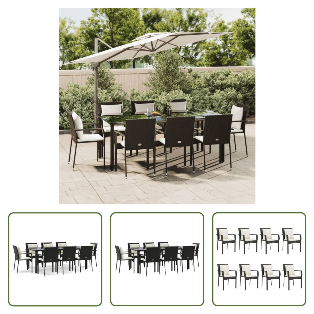 The Living Store 9-tlg. Garten-Essgruppe mit Kissen Schwarz Poly Rattan