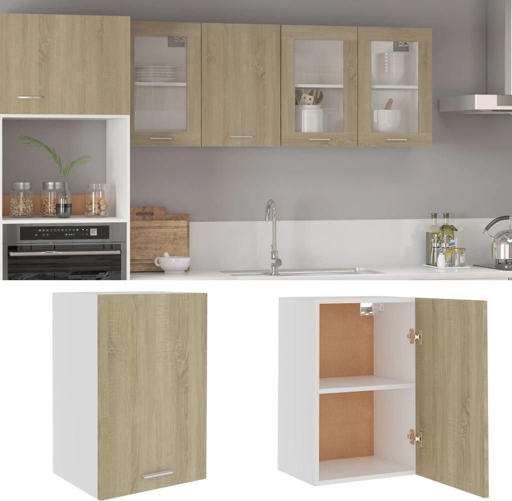 A kitchen scene with wall cabinets and a sink, along with two separate images of a wall cabinet.