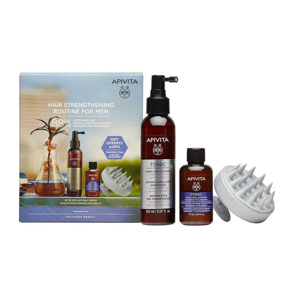 Apivita Hair Strengthening Routine for Men Tonic Hair Loss Lotion 150 ml + 2 Geschenke (Men's Tonic Shampoo 75 ml + Scalp Massager)