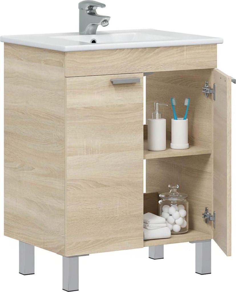 Dmora Waschbeckenunterschrank Polino 60x45x80h cm Braun Eiche, 2 Schubladen, 2 Türen