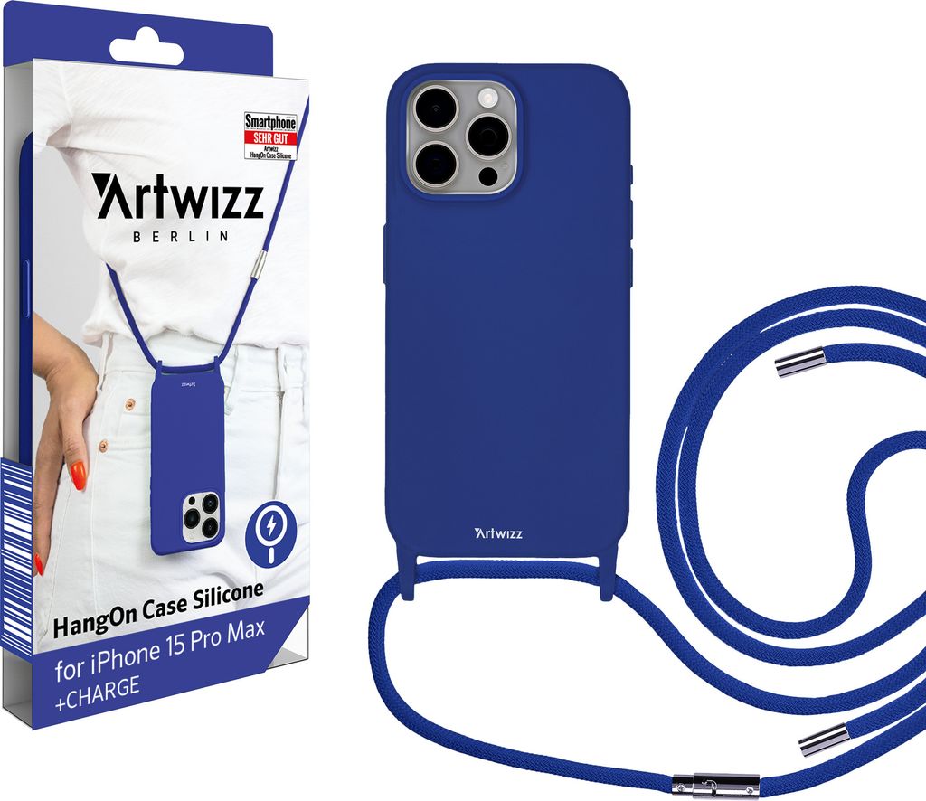 ARTWIZZ HangOn Case Silicone +CHARGE für iPhone 15 Pro Max - Silikon Handykette mit Magnetring Ladefunktion - Kings-Blue / Blau