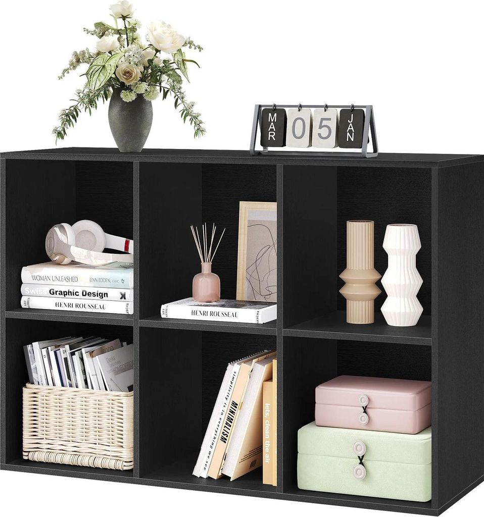 Bücherregal - Stehendes Würfelregal - 6 Fächer - 29 x 59,6 x 89 cm - MDF & Spanplatte - Raumteiler - Freistehend - Leicht zu montieren - Schwarz
