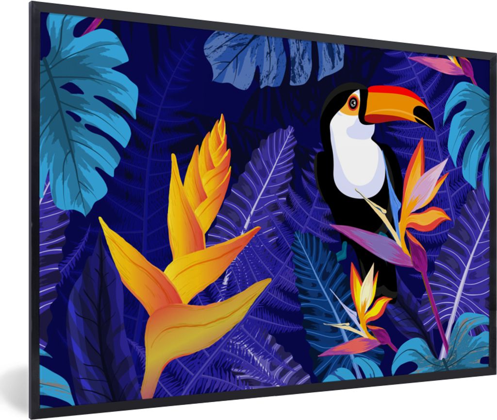 MuchoWow Gerahmtes Poster Dschungel - Tukan - Blumen - Pflanzen - Kinder - Lila - Tiere 60x40 cm - Poster mit Schwarzem Bilderrahmen Wandposter R...