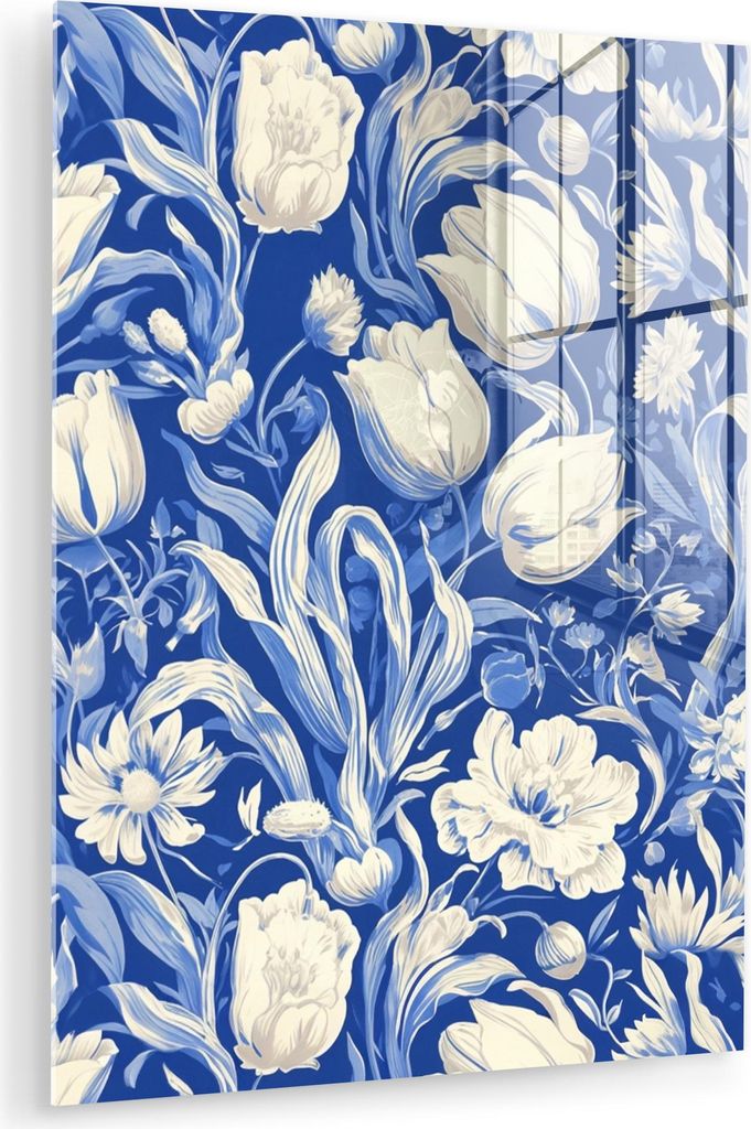 MuchoWow Glasbilder - Bilder auf Wandbild - Foto auf Glas Blumen - Delfter Blau - Muster - Tulpe 30x40 cm Wanddekoration aus Glas - Acrylglasbild -...