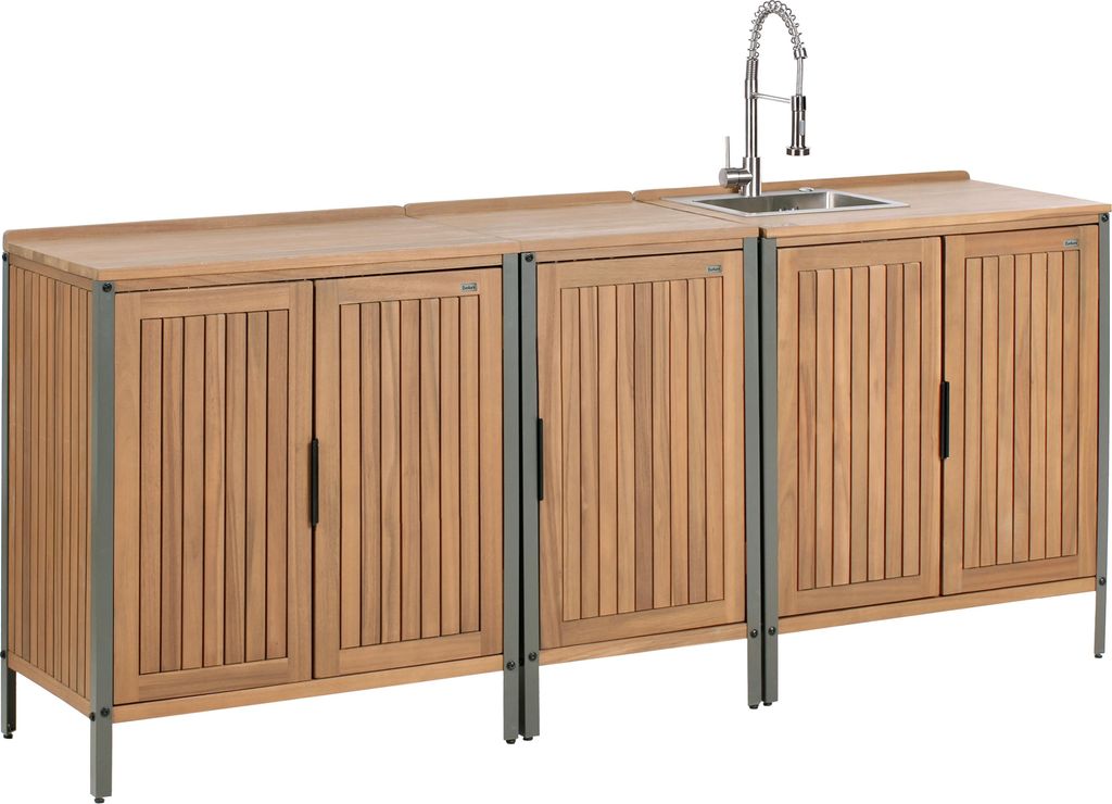 BELIANI Outdoor-Küchenschrank Braun u. Silber es Akazienholz 3er Set mit Spüle Armatur Modern Outdoor-Küchenmöbel Gartenküche