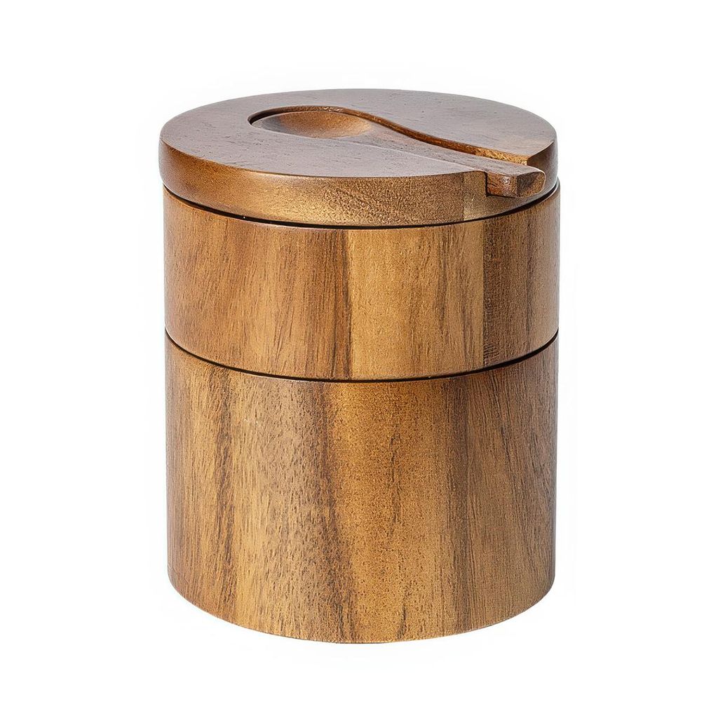 Akazienholz Gewürzbox 2 Ebenen, elegante Salz- & Gewürzdose, mit magnetischem Deckel & Löffel, Küchen Organizer, platzsparend
