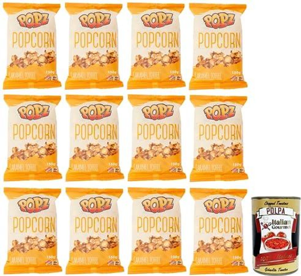 12x Popz Popcorn Caramel Toffee,Butter Karamell Popcorn (75%),Beutel mit 150g + Italian Gourmet Polpa di Pomodoro 400g Dose