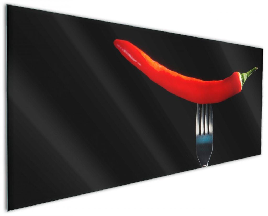 Wallario Küchenrückwand aus Glas, Größe: 125 x 50 cm, Motiv: Rauchende Chili-Schote an einer Gabel | Spritzschutz | abwischbar | pflegeleicht | in