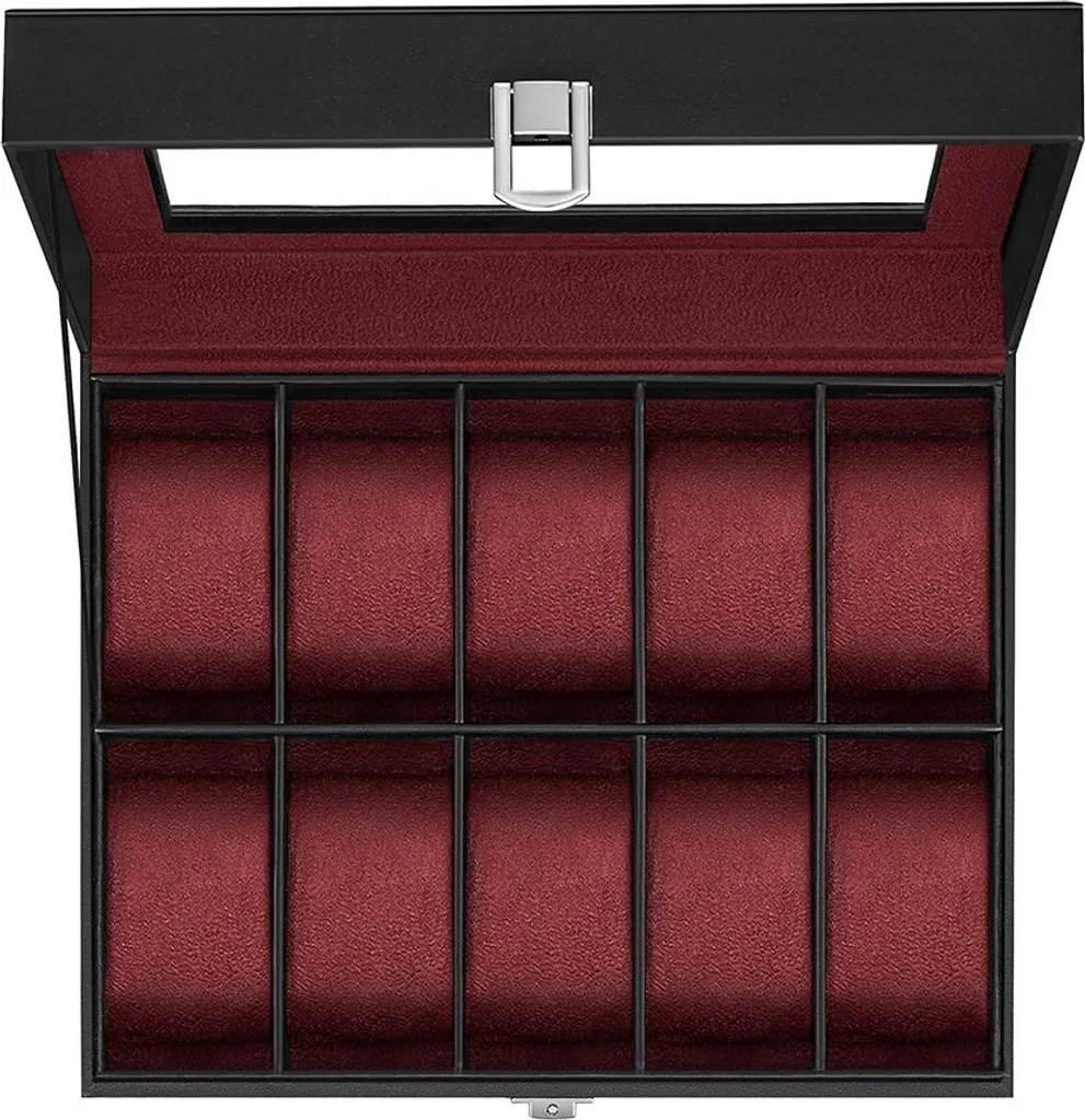 Scatola per orologi con 10 scomparti e coperchio in vetro